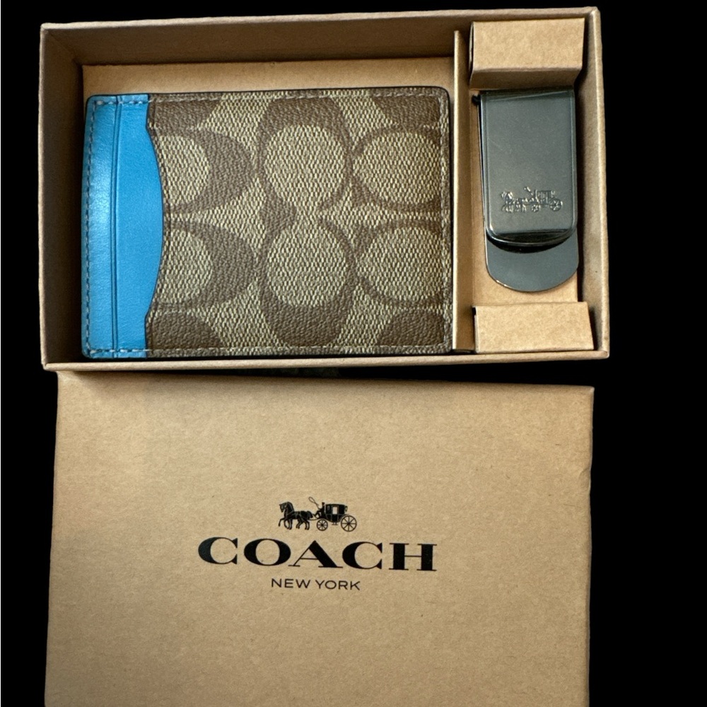 COACH CF341 3 In 1 Card Case MONEY CLIP Gift In Colorblock Signature Bright Blue